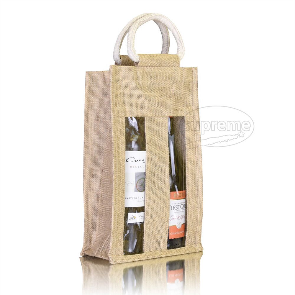 two-bottle-jute-bags-with-window-for-wholesale two bottle bag with reinforced handle
